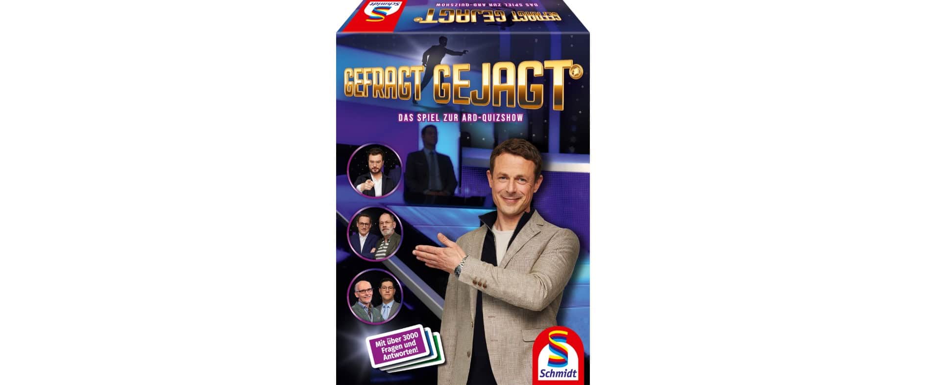 Gefragt Gejagt – Das Brettspiel zur ARD-Quizshow. Moderator und Kandidaten in einem dynamischen Spielsetting. Verlag: Schmidt Spiele.