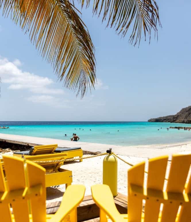 Gelbe Liegestühle an einem Traumstrand von WM-Teilnehmerland Curaçao mit türkisblauem Meer und Palmen