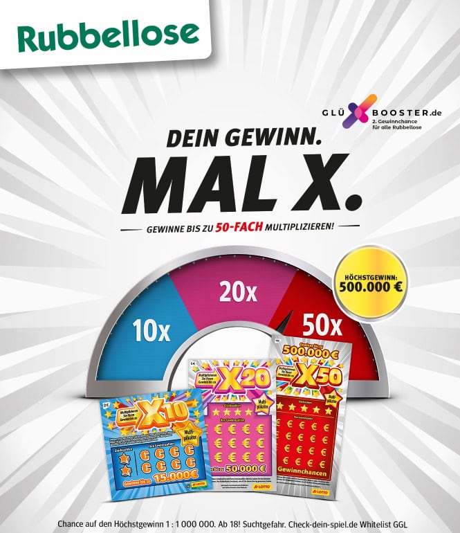 Rubbellose der X-Serie mit Gewinnmultiplikatoren bis 50-fach und Höchstgewinn von 500.000 Euro