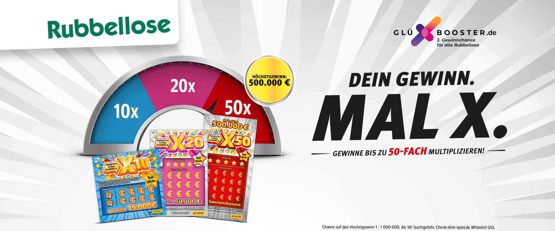 Rubbellose der X-Serie mit Gewinnmultiplikatoren bis 50-fach und Höchstgewinn von 500.000 Euro