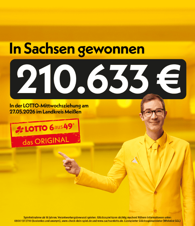LOTTO 6aus49-Gewinn von 210.633 Euro im Landkreis Meißen bei der Mittwochsziehung vom 27.05.2026.