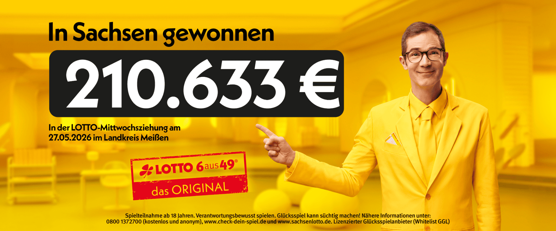 LOTTO 6aus49-Gewinn von 210.633 Euro im Landkreis Meißen bei der Mittwochsziehung vom 27.05.2026.
