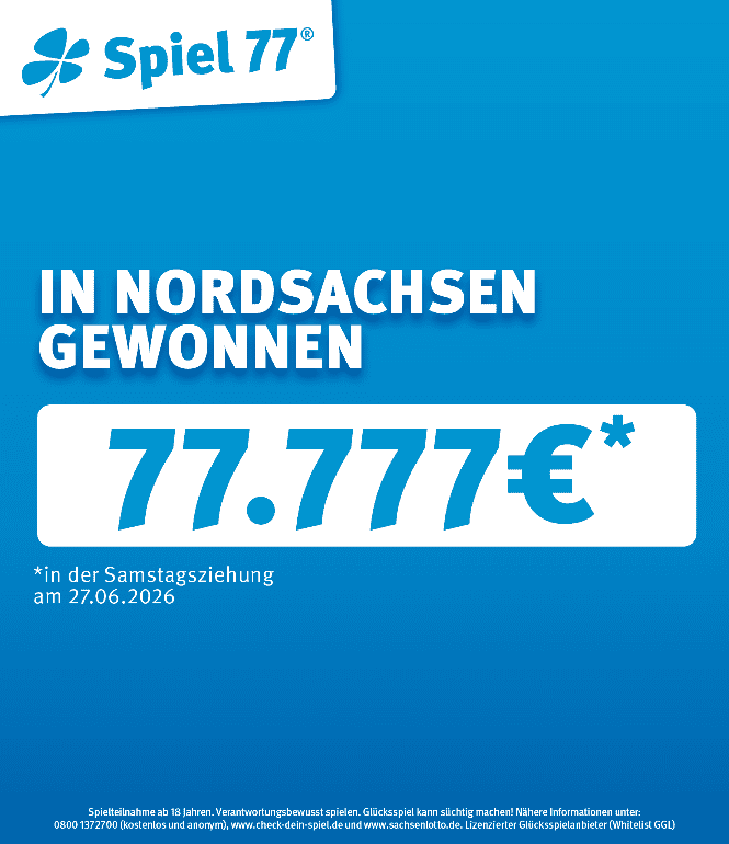 Werbegrafik zu Spiel 77 von Sachsenlotto: Gewinn von 77.777 Euro in Nordsachsen bei der Samstagsziehung am 27.06.2026.