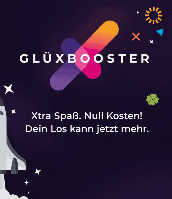 GlüXBooster mit zweiter Gewinnchance für Rubbellose auf blauem Hintergrund mit Glückssymbolen
