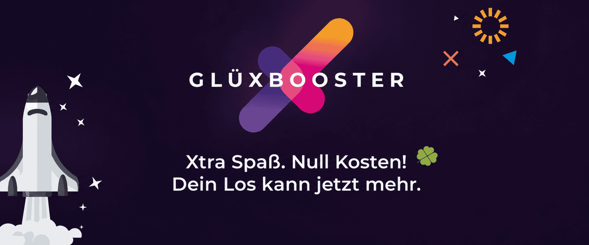 GlüXBooster mit zweiter Gewinnchance für Rubbellose auf blauem Hintergrund mit Glückssymbolen
