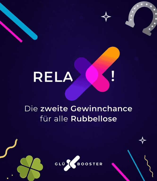 GlüXBooster mit zweiter Gewinnchance für Rubbellose auf blauem Hintergrund mit Glückssymbolen