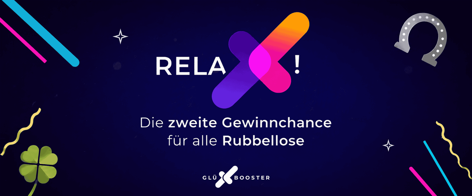 GlüXBooster mit zweiter Gewinnchance für Rubbellose auf blauem Hintergrund mit Glückssymbolen