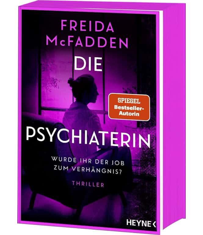 Buchcover „Die Psychiaterin“ von Freida McFadden mit Silhouette einer Frau vor violettem Fenster und dem Slogan „Wurde Ihr Job zum Verhängnis?“.