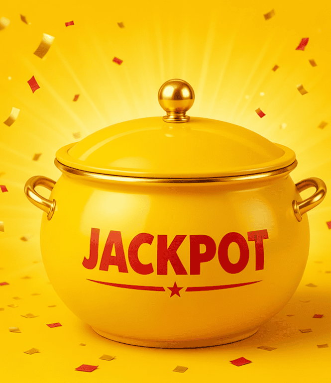 Goldener Topf mit der Aufschrift "JACKPOT" auf gelbem Hintergrund, umgeben von fliegenden Konfetti in Gold, Rot und Weiß.