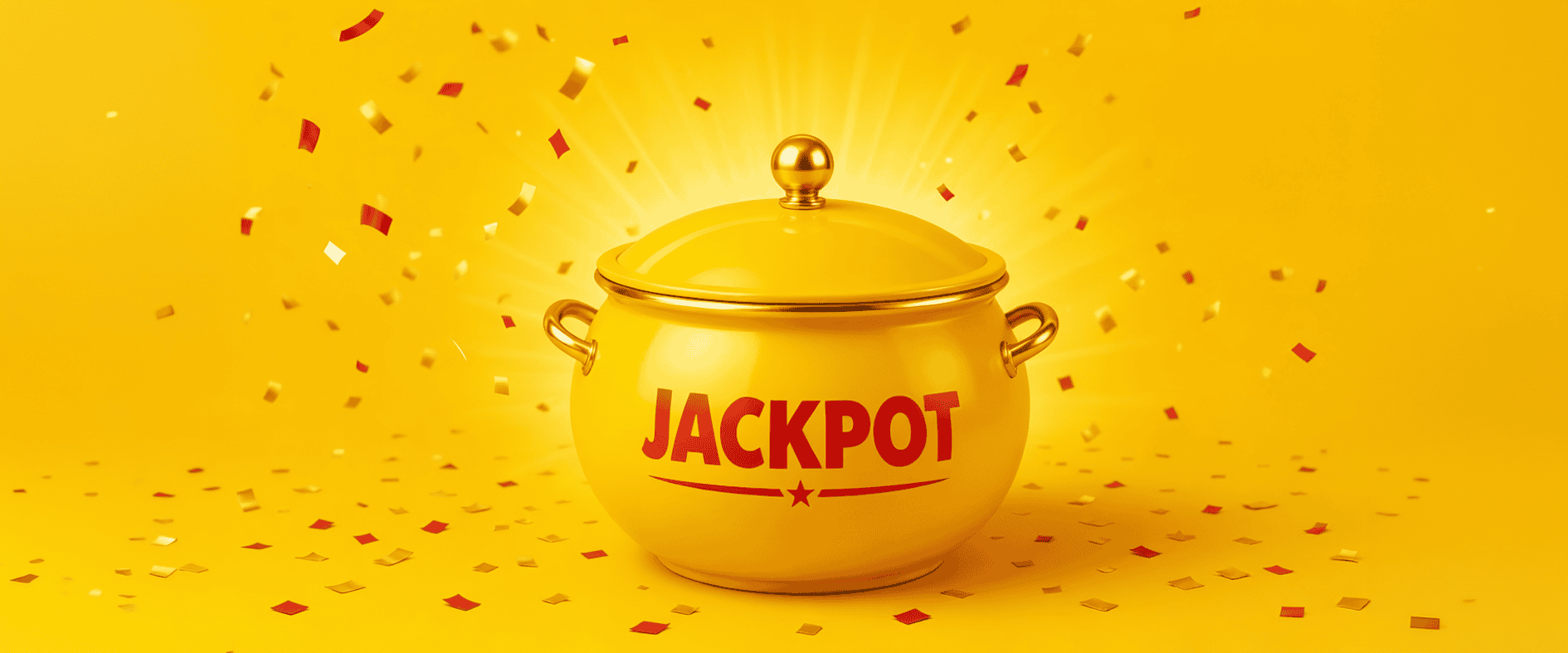 Goldener Topf mit der Aufschrift "JACKPOT" auf gelbem Hintergrund, umgeben von fliegenden Konfetti in Gold, Rot und Weiß.