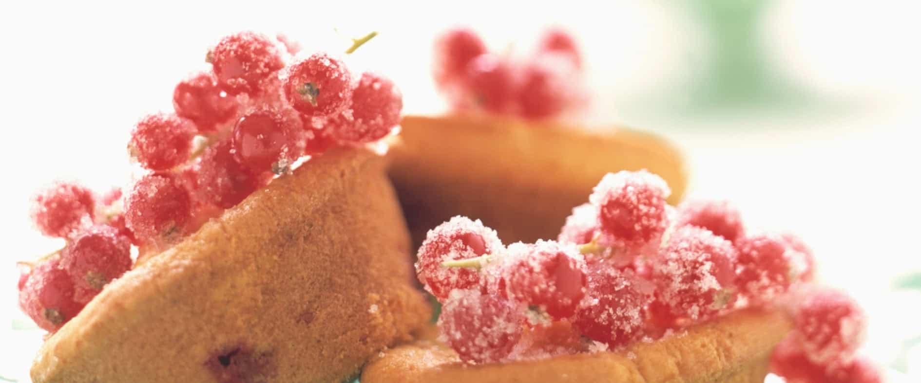 Johannisbeer-Törtchen auf einer grünen Etagere, verziert mit frischen, gezuckerten roten Johannisbeeren.