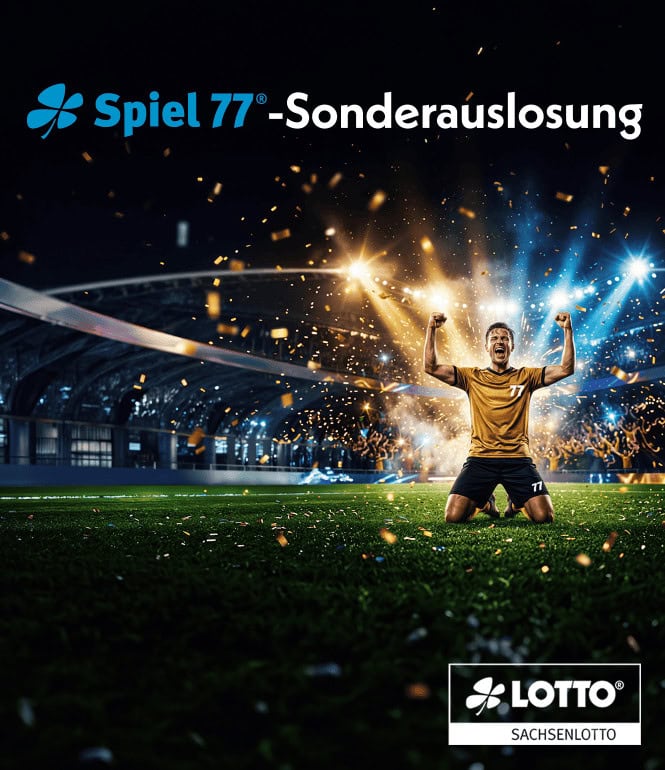 Spiel 77 Sonderauslosung: Person jubelt auf Fußballfeld im Stadion mit Konfetti und Lichtshow, Lotto Sachsenlotto Kampagnenmotiv