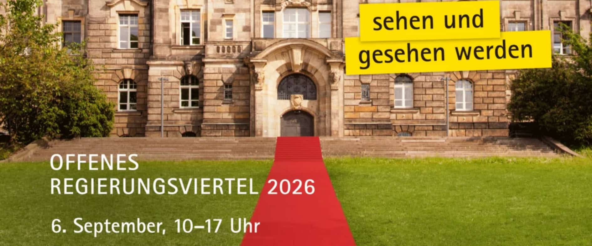 Grafik zum Tag des offenen Regierungsviertels 2026 mit der Aufschrift "sehen und gesehen werden"