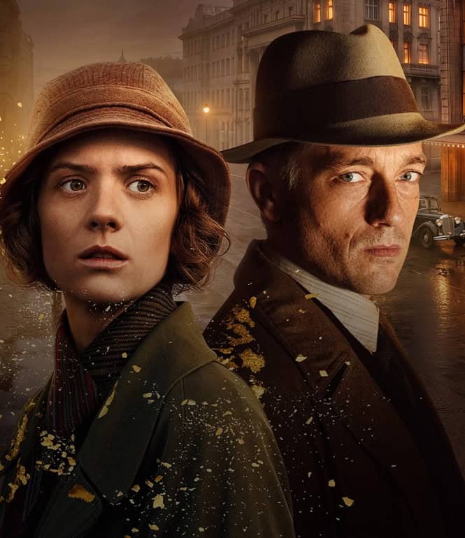 Liv Lisa Fries als Charlotte Ritter und Volker Bruch als Gereon Rath in einer Szene aus „Babylon Berlin“, daneben in goldener Schrift der Titel der Serie.