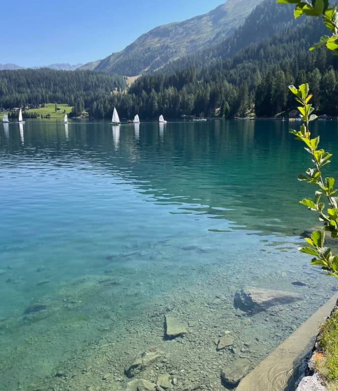Kristallklarer Davoser See mit Segelbooten und umrahmten Bergen – ein idyllisches Ziel für Naturliebhaber und Wassersportfans in Graubünden.