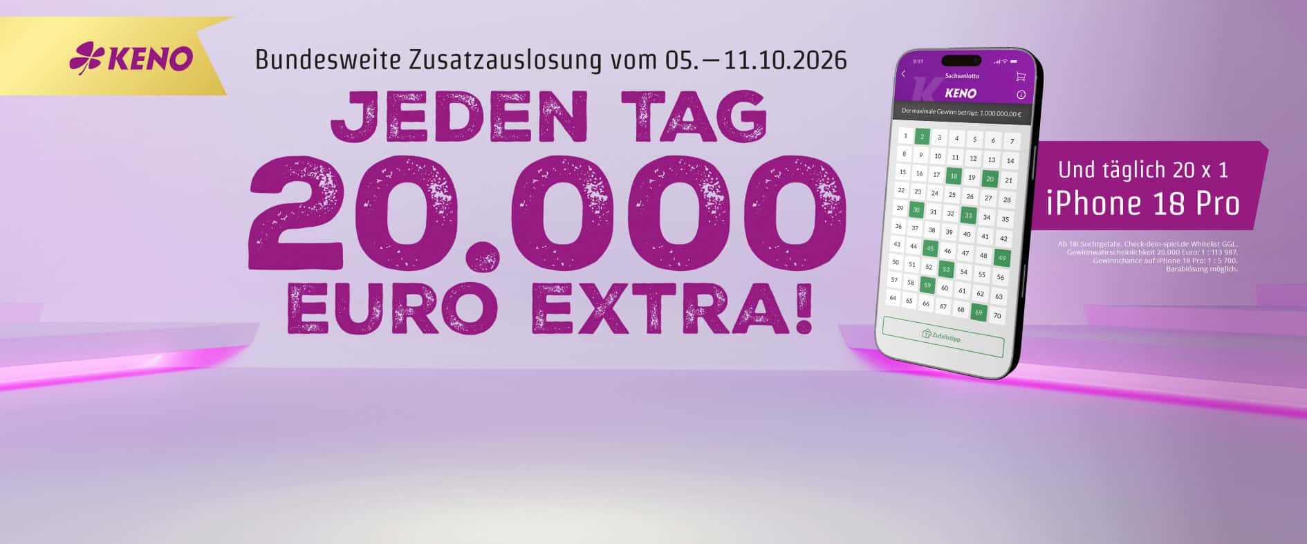 KENO Zusatzauslosung mit täglich 20.000 Euro und iPhone 18 Pro 