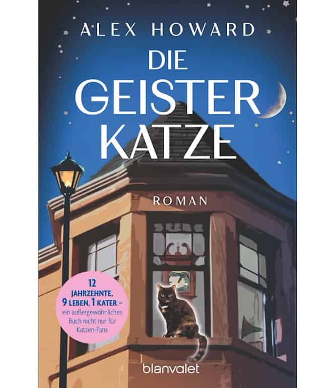 Buchcover „DDie Geisterkatze" von Alex Howard: Illustration einer schwarzen Katze auf einem Erkerfenster bei Nacht, Sternenhimmel mit Halbmond und Straßenlaterne