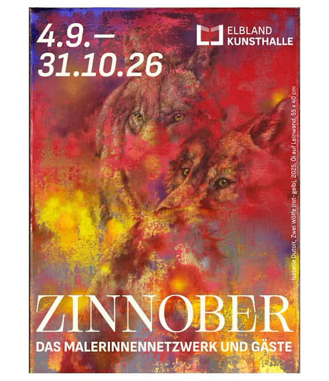 Gemälde zweier eng aneinander geschmiegter Wölfe in leuchtendem Zinnoberrot mit gelben und violetten Farbverläufen