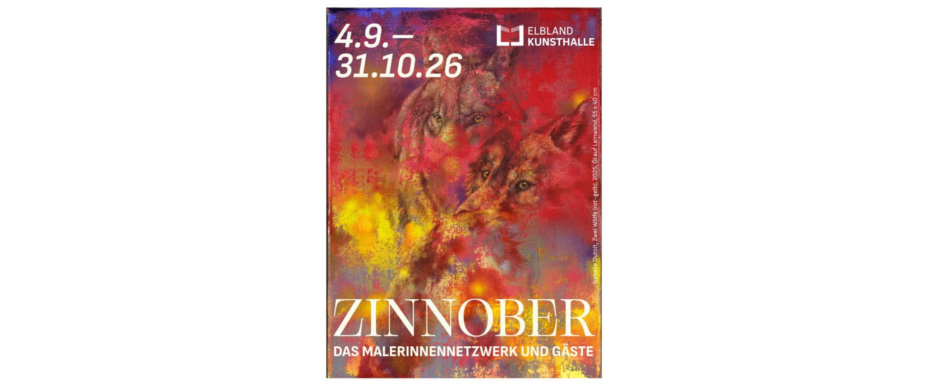 Gemälde zweier eng aneinander geschmiegter Wölfe in leuchtendem Zinnoberrot mit gelben und violetten Farbverläufen